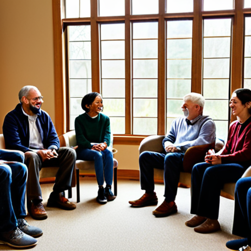 A diverse group of adults, fully clothed in modest, professional-casual attire, are seated in a circle on comfortable chairs in a warm, inviting communal living space within an intentional community. They are engaged in a heartfelt, open dialogue, with expressions of empathy and active listening. Natural light streams through large windows, illuminating a cozy, safe, and supportive atmosphere. The focus is on genuine connection and building trust through transparent communication. Perfect anatomy, correct proportions, natural poses, well-formed hands, proper finger count. Professional photography, high quality, safe for work, appropriate content, family-friendly.