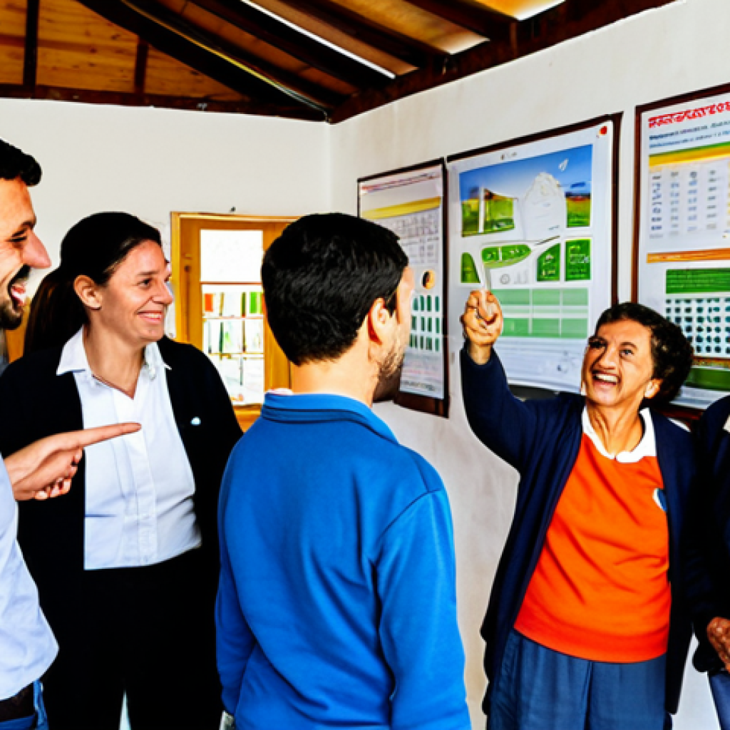 Community Energy Workshop**
A group of fully clothed people of various ages are participating in an energy workshop in a rural Portuguese village. The scene is a community hall, brightly lit, with posters about renewable energy and energy efficiency on the walls. A friendly instructor is pointing to a solar panel display. Everyone is engaged and smiling. Safe for work, appropriate content, modest attire, family-friendly, perfect anatomy, correct proportions, natural pose, professional photography, high quality.
**