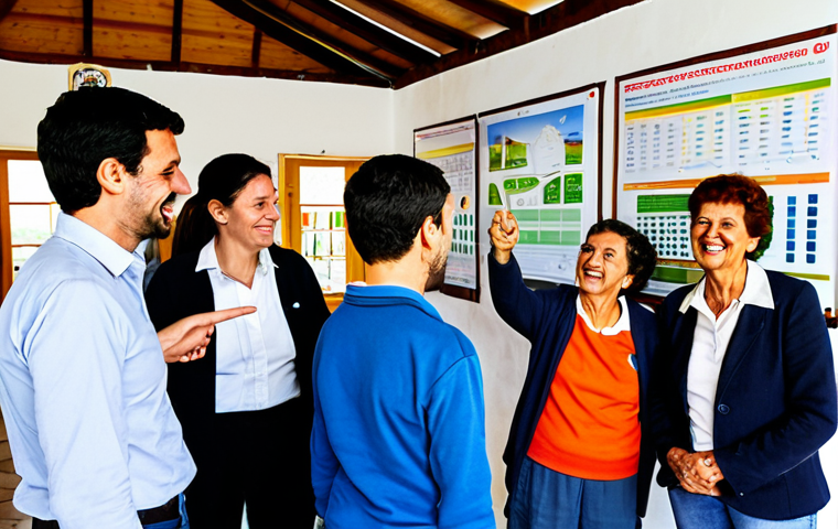 Community Energy Workshop**
A group of fully clothed people of various ages are participating in an energy workshop in a rural Portuguese village. The scene is a community hall, brightly lit, with posters about renewable energy and energy efficiency on the walls. A friendly instructor is pointing to a solar panel display. Everyone is engaged and smiling. Safe for work, appropriate content, modest attire, family-friendly, perfect anatomy, correct proportions, natural pose, professional photography, high quality.
**