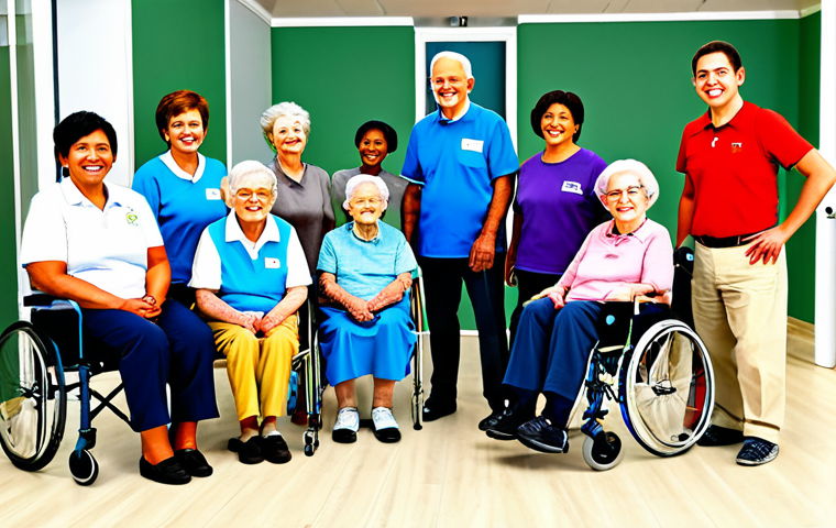 의도적 공동체의 노인 및 장애인 지원 방안 - "A diverse group of volunteers assisting elderly individuals at a community center, fully clothed, a...