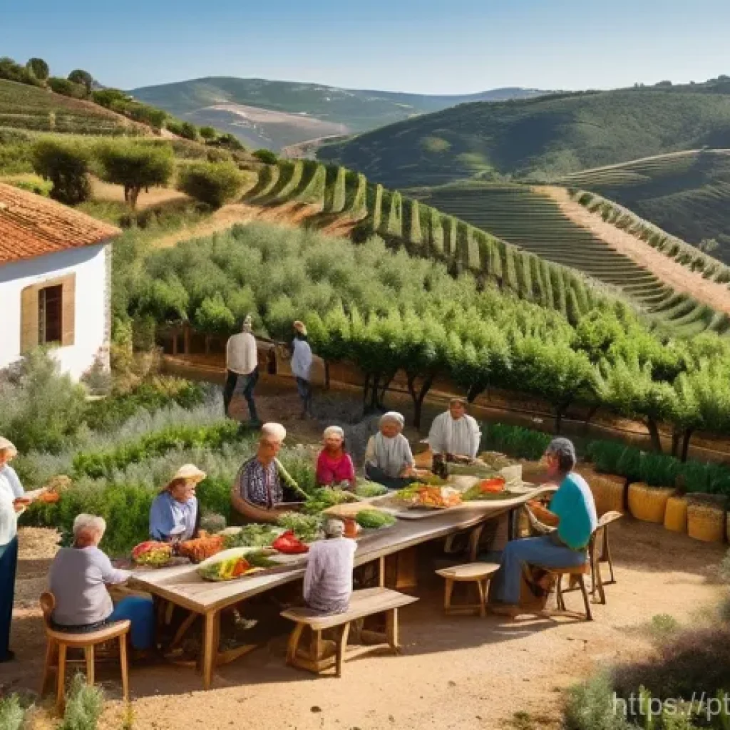 의도적 공동체와 지역 농업의 상생 모델 - A heartwarming scene of a diverse intentional community in the sun-drenched Portuguese countryside. ...