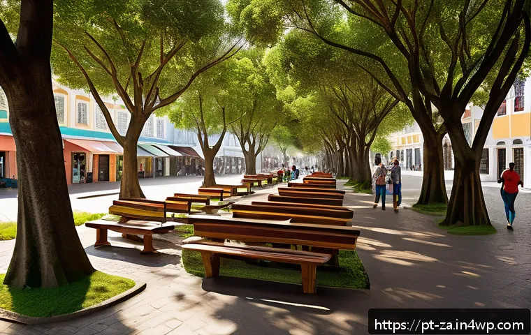 의도적 공동체 건축 설계와 디자인 원칙 - A vibrant community square in a Brazilian neighborhood during late afternoon, featuring comfortable ...