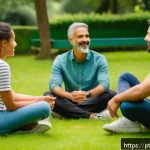 Home 22 의도적 공동체 멤버의 개인적 성장 지원 - A diverse group of adults engaged in a warm and open community circle outdoors in a lush green park,...