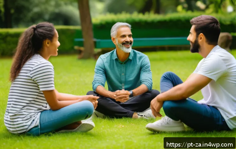 의도적 공동체 멤버의 개인적 성장 지원 - A diverse group of adults engaged in a warm and open community circle outdoors in a lush green park,...