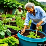 Home 20 의도적 공동체의 생태적 지속 가능성 - A vibrant community garden scene in a sustainable intentional community in Brazil, showing diverse r...