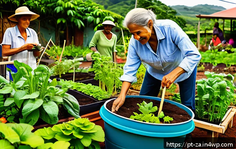 의도적 공동체의 생태적 지속 가능성 - A vibrant community garden scene in a sustainable intentional community in Brazil, showing diverse r...