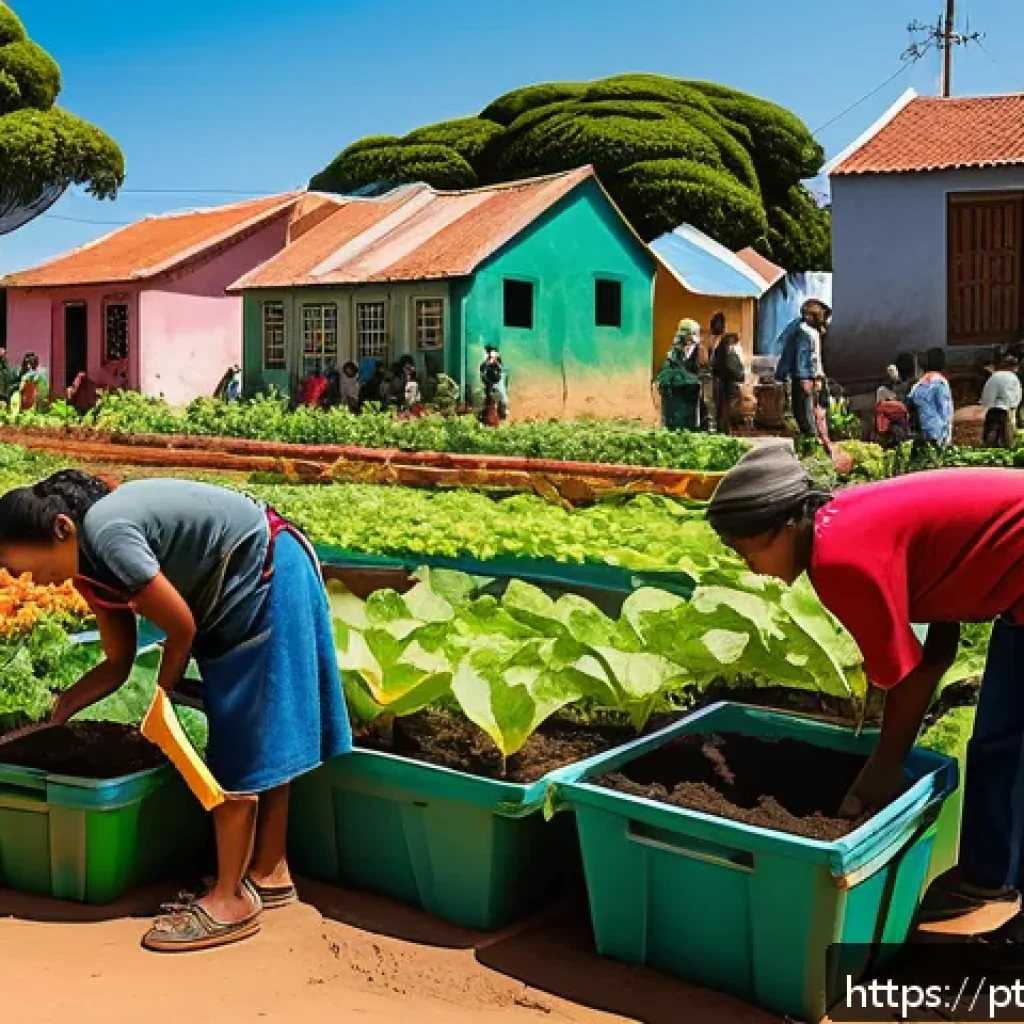 의도적 공동체와 지속 가능한 발전 목표 - A vibrant community garden scene in a Brazilian neighborhood, showing diverse people of all ages wea...