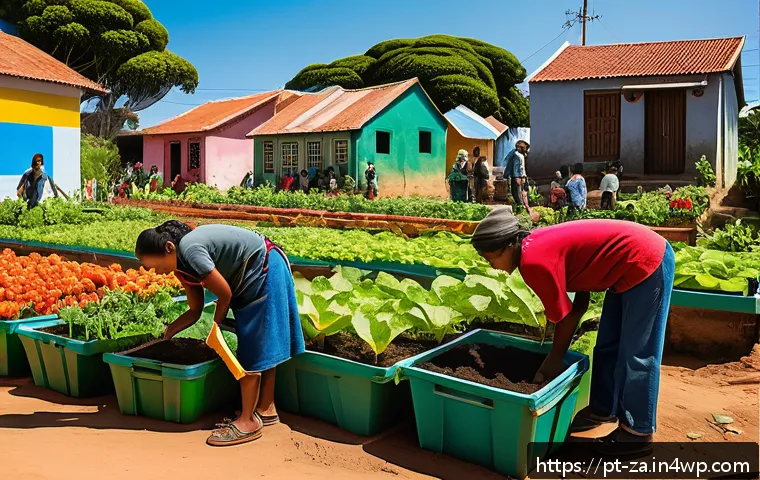의도적 공동체와 지속 가능한 발전 목표 - A vibrant community garden scene in a Brazilian neighborhood, showing diverse people of all ages wea...
