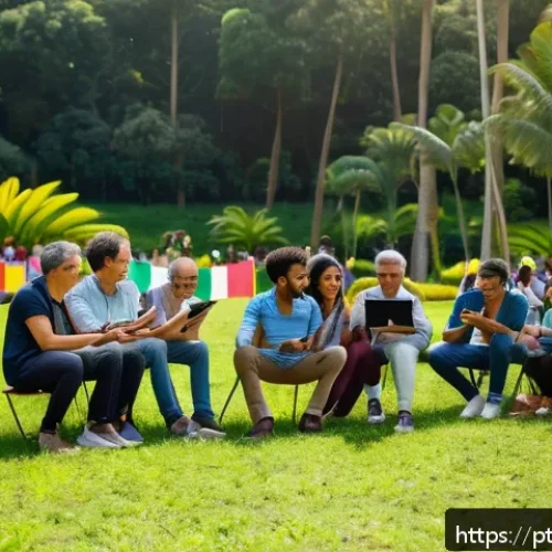 Home 17 의도적 공동체의 상호 지원 체계 구축 - A diverse group of community members engaged in a lively, open meeting outdoors in a sunny park sett...