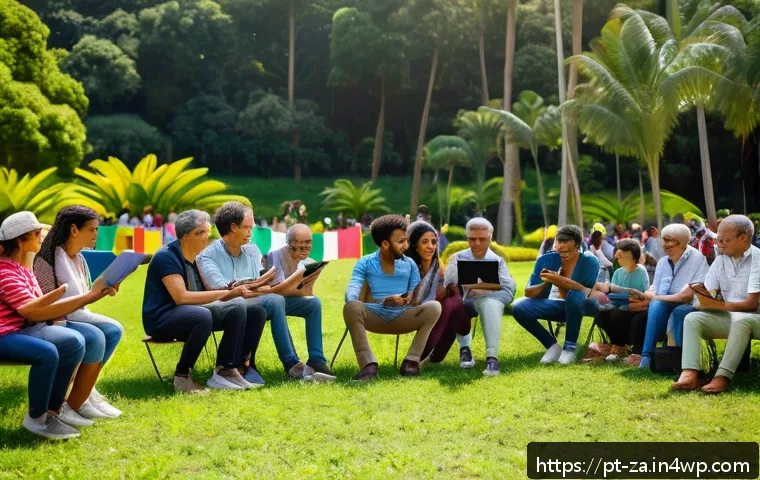 의도적 공동체의 상호 지원 체계 구축 - A diverse group of community members engaged in a lively, open meeting outdoors in a sunny park sett...