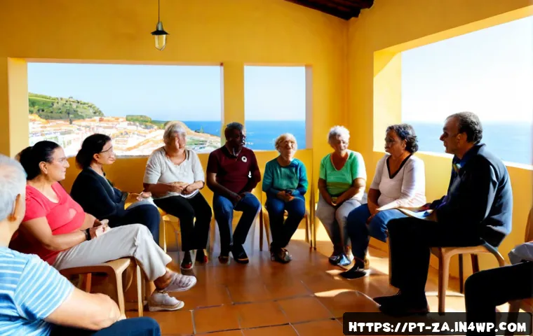 의도적 공동체의 자아실현 기회 제공 방안 - Photorealistic community workshop in a bright Portuguese coastal town, diverse adults of different a...
